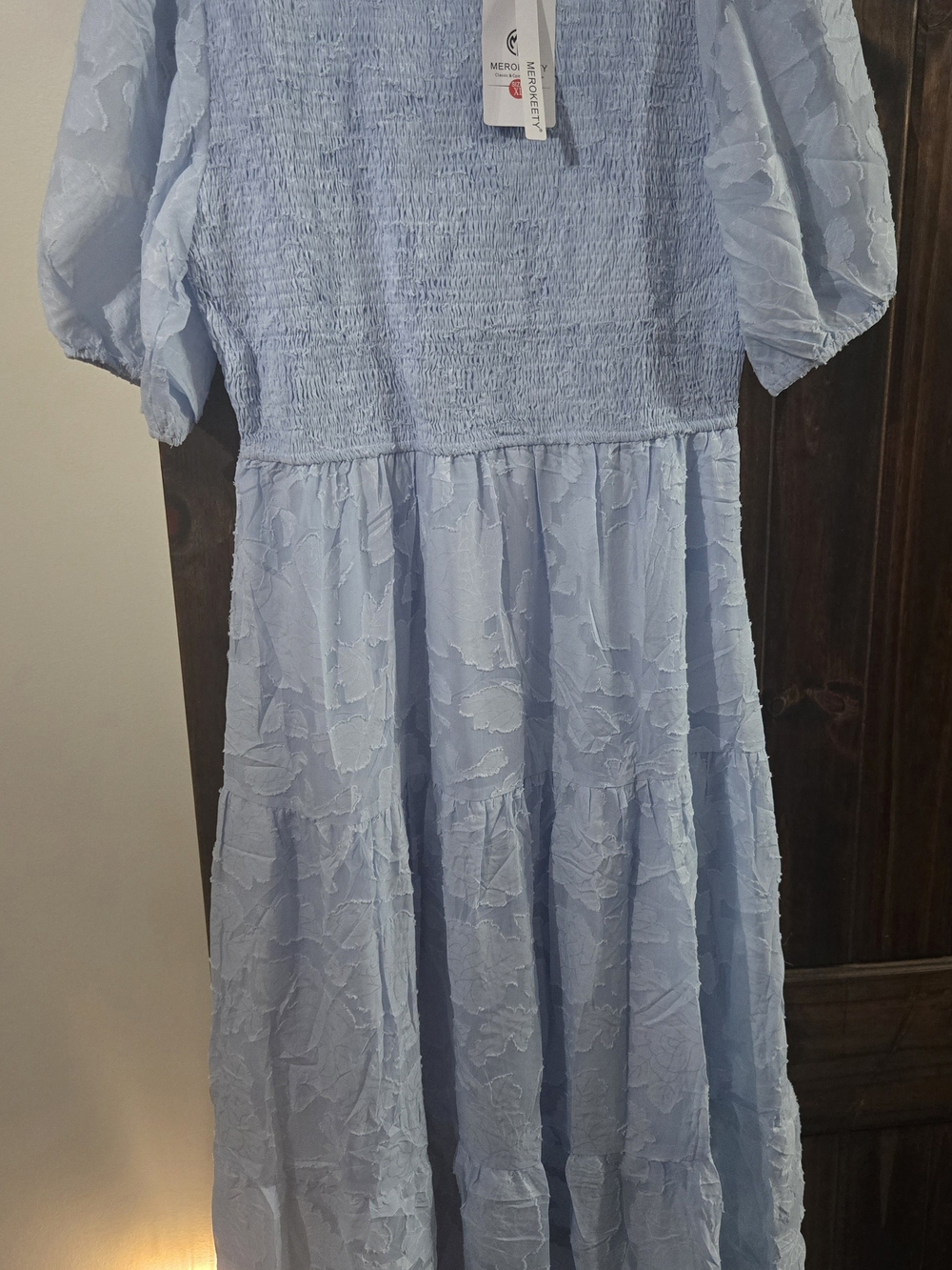 Smocked Light Blue Maxi Dress with Puff Sleeves